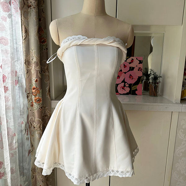 Allison Ivory Strapless Lace Trim Mini Dress