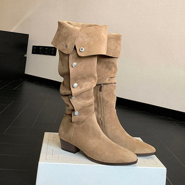 Lilia Snap Buttons Folded Suede Boots