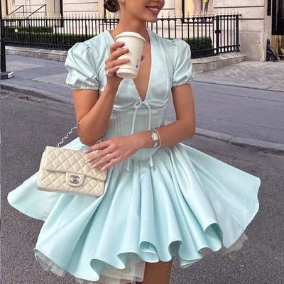 Allison Pastel Blue V-Neck Skater Mini Dress