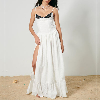 Tara White/Black Lace High Slit Eyelet Maxi Dress