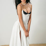 Tara White/Black Lace High Slit Eyelet Maxi Dress