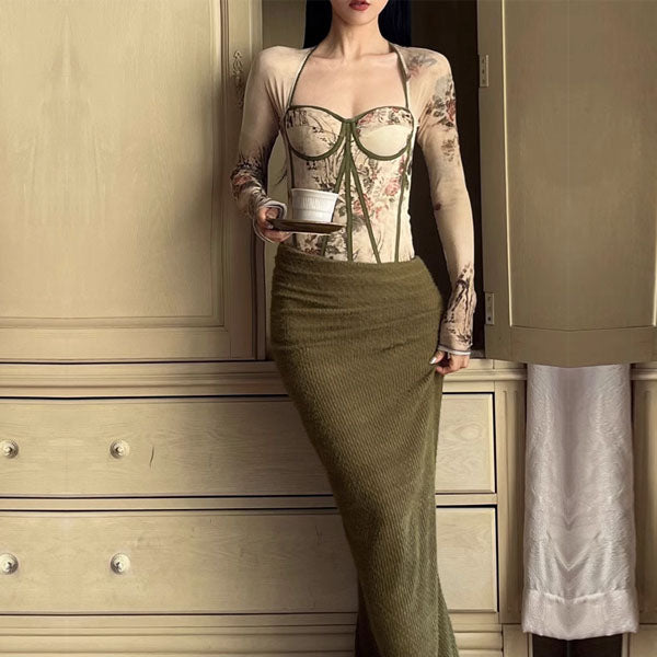 Yurika Flora Elegance Mesh Bustier Bodysuit & Olive Skirt Set