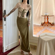 Yurika Flora Elegance Mesh Bustier Bodysuit & Olive Skirt Set