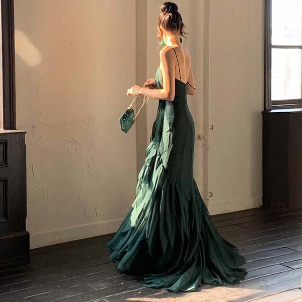 Drea Forest Green Full Ruffles Evening Dress The Wildflower Shop