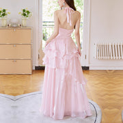 Seraphina Pastel Pink Halter Tie Tiered Evening Dress