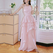 Seraphina Pastel Pink Halter Tie Tiered Evening Dress