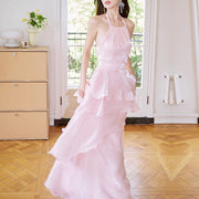 Seraphina Pastel Pink Halter Tie Tiered Evening Dress