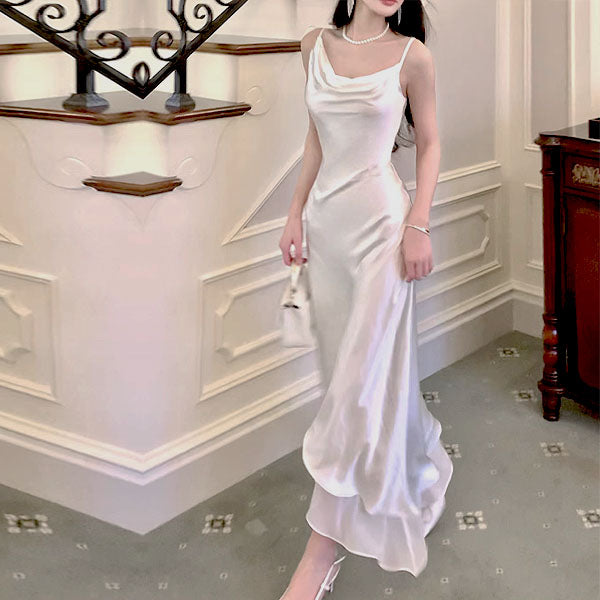 Alora Elegant Pearl Ivory Satin Asymmetrical Hem Dress