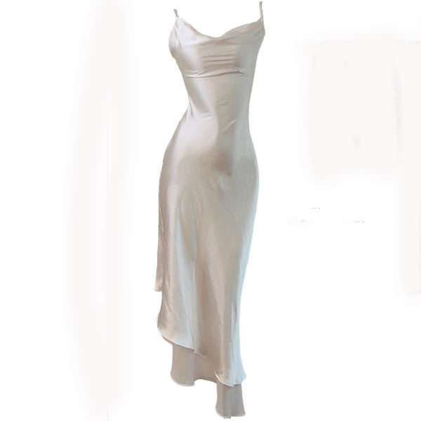 Alora Elegant Pearl Ivory Satin Asymmetrical Hem Dress