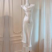 Alora Elegant Pearl Ivory Satin Asymmetrical Hem Dress