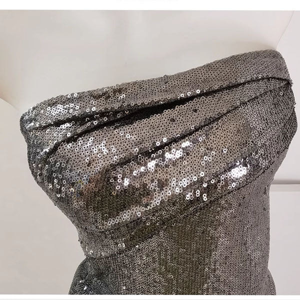 Elysian Radiance Silver Sequin Strapless Evening Dress