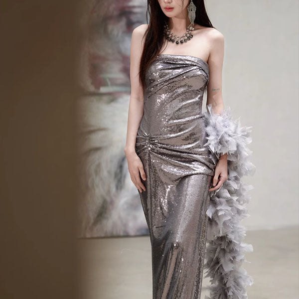 Elysian Radiance Silver Sequin Strapless Evening Dress