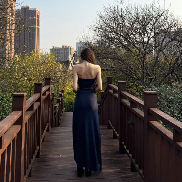 Ashley Navy Blue Strapless Knit Dress with Ribbed Shrug Set