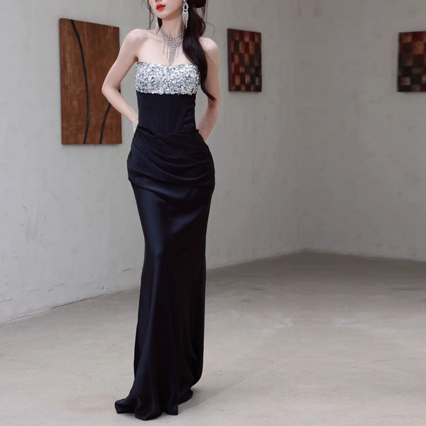 Erica Black Crystal Embellished Strapless Evening Dress