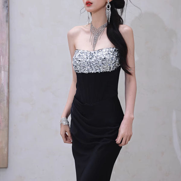 Erica Black Crystal Embellished Strapless Evening Dress