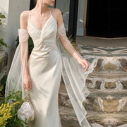 Katrina Ivory Draped Front Satin Evening Dress