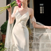 Katrina Ivory Draped Front Satin Evening Dress