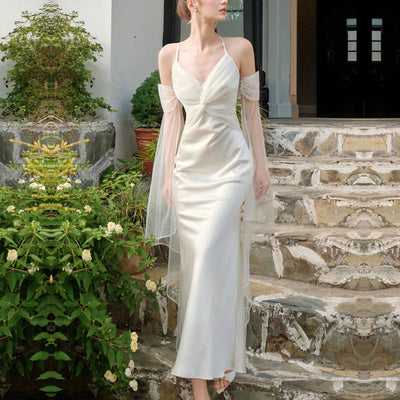 Katrina Ivory Draped Front Satin Evening Dress