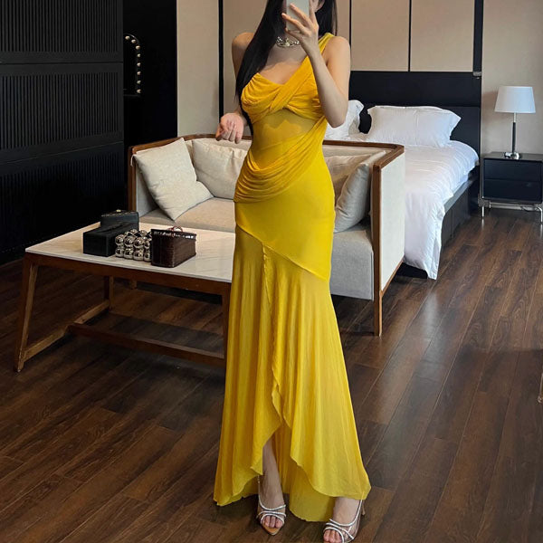 Soleil Elegance Yellow Sleeveless Drape Dress