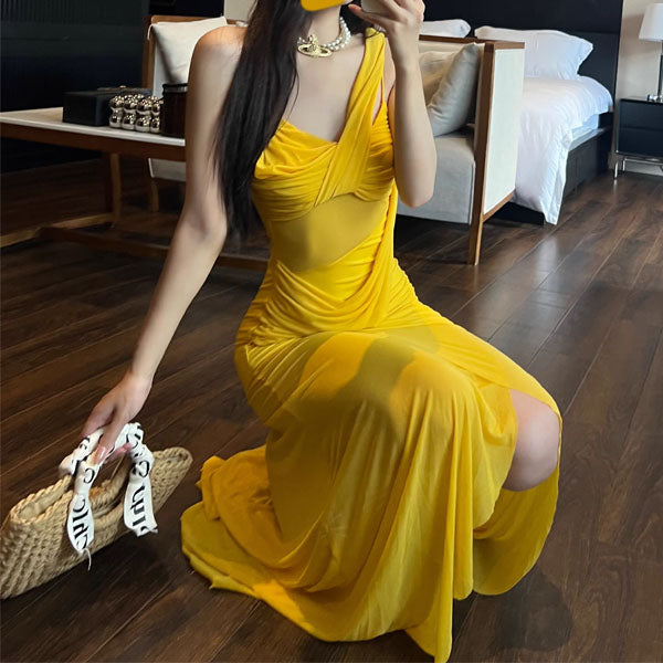 Soleil Elegance Yellow Sleeveless Drape Dress