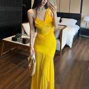 Soleil Elegance Yellow Sleeveless Drape Dress