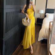 Soleil Elegance Yellow Sleeveless Drape Dress