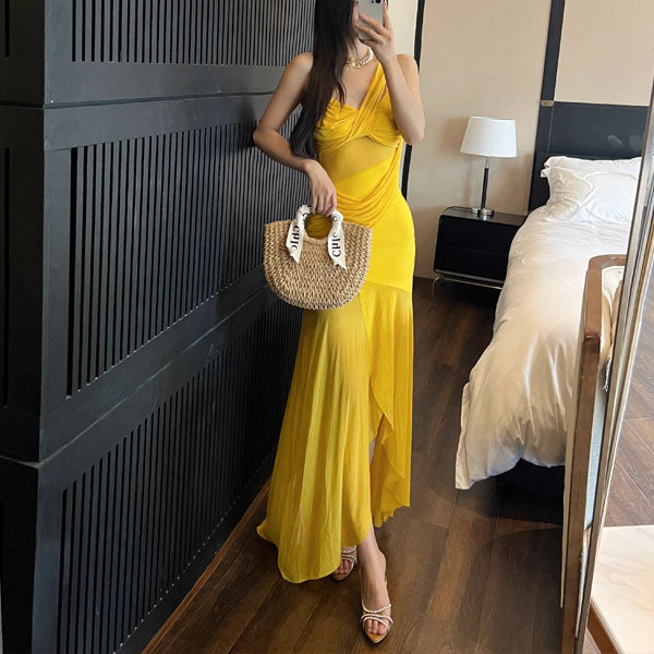 Soleil Elegance Yellow Sleeveless Drape Dress