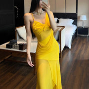 Soleil Elegance Yellow Sleeveless Drape Dress