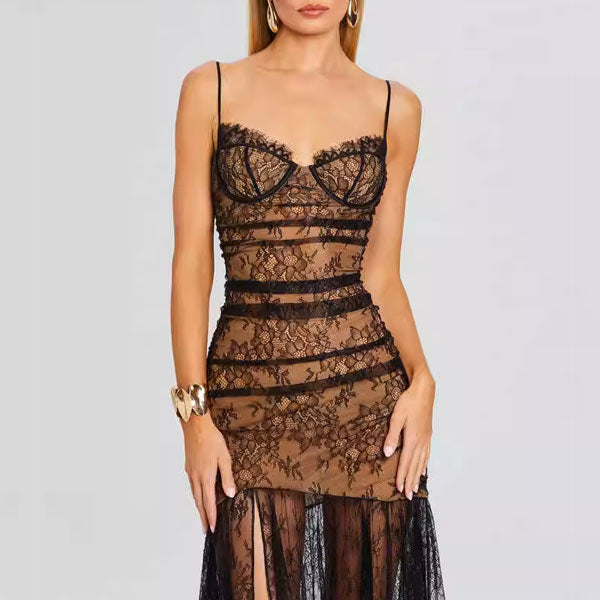 Amie Elegant Black Floral Lace Evening Dress