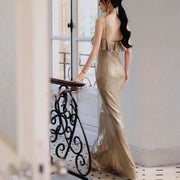 Athena Champagne Gold Elegant Ruffles Evening Dress