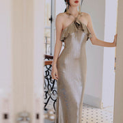 Athena Champagne Gold Elegant Ruffles Evening Dress